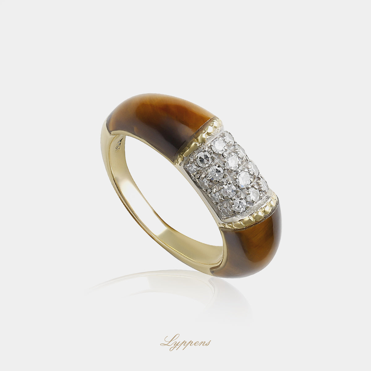 Vintage ring uit de jaren '70 van 18kt geelgoud met goudbruin tijgeroog en pavé gezette diamanten, totaal ca. 0.40ct