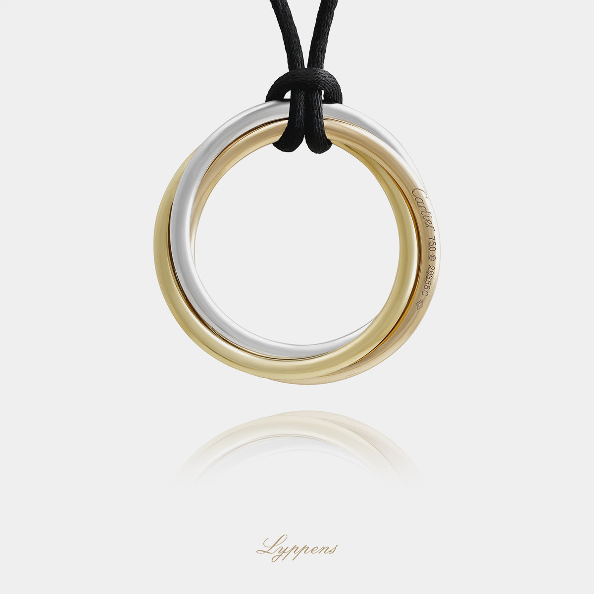 Cartier Trinity Large hanger van 18kt geel-, wit- en roségoud met ca. 3.20ct briljant geslepen diamant en origineel zwart koordcollier