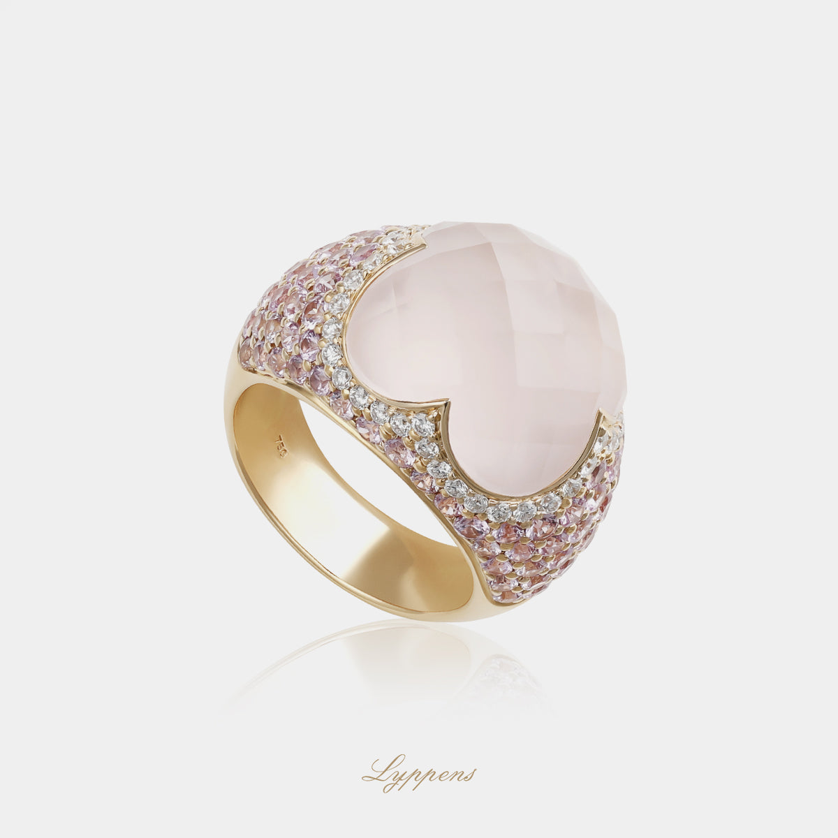 Roségouden cocktailring met rozenkwarts, roze saffier en diamant
