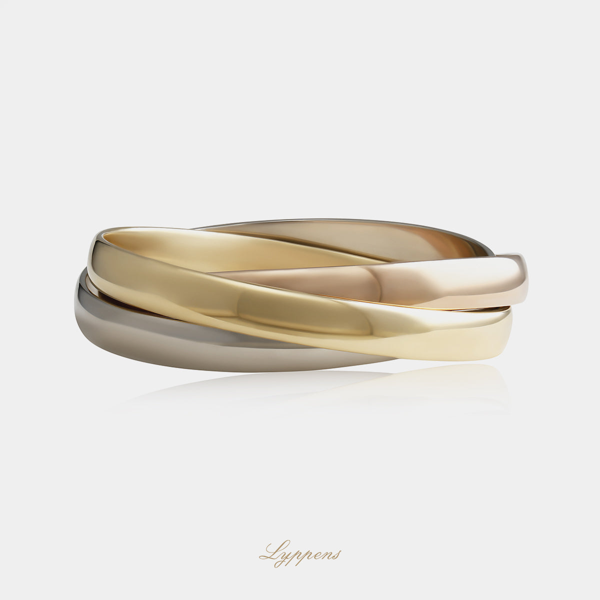 18kt geel-, wit- en roségouden vintage Cartier Trinity Extra Large armband uit de jaren '60 met drie in elkaar grijpende banden van 8.8mm
