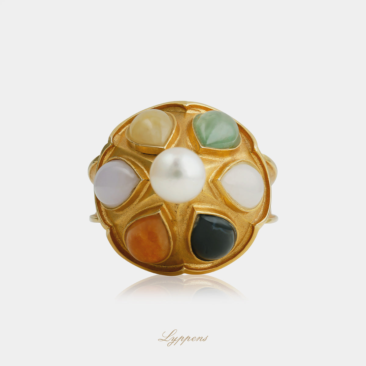 14kt geelgouden vintage jaren 70 ring met kegelvormige kop, agaat, chalcedoon, aventurijn en parel