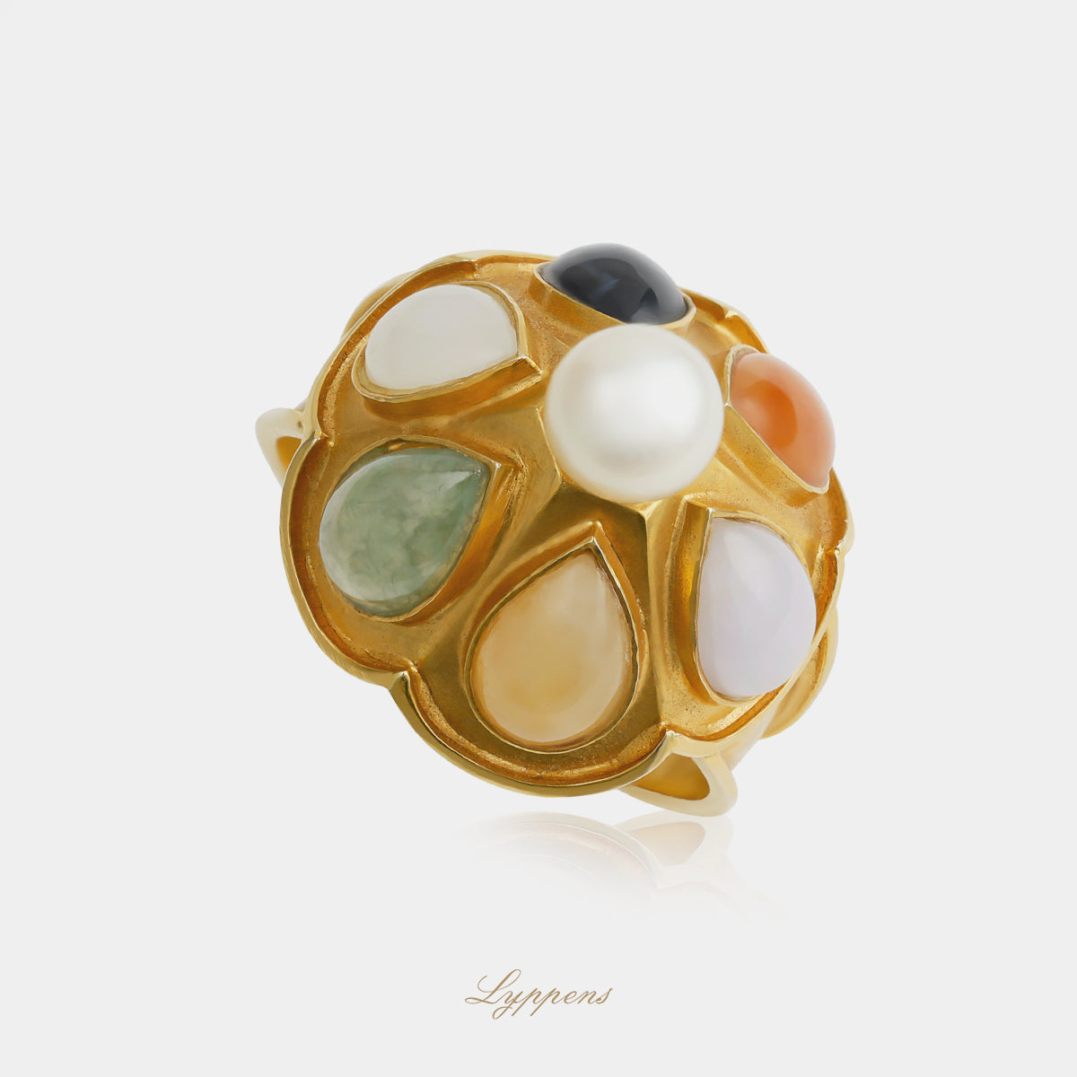 Vintage 14 karaat geelgouden jaren 70 fantasie ring met druppel geslepen edelstenen en parel