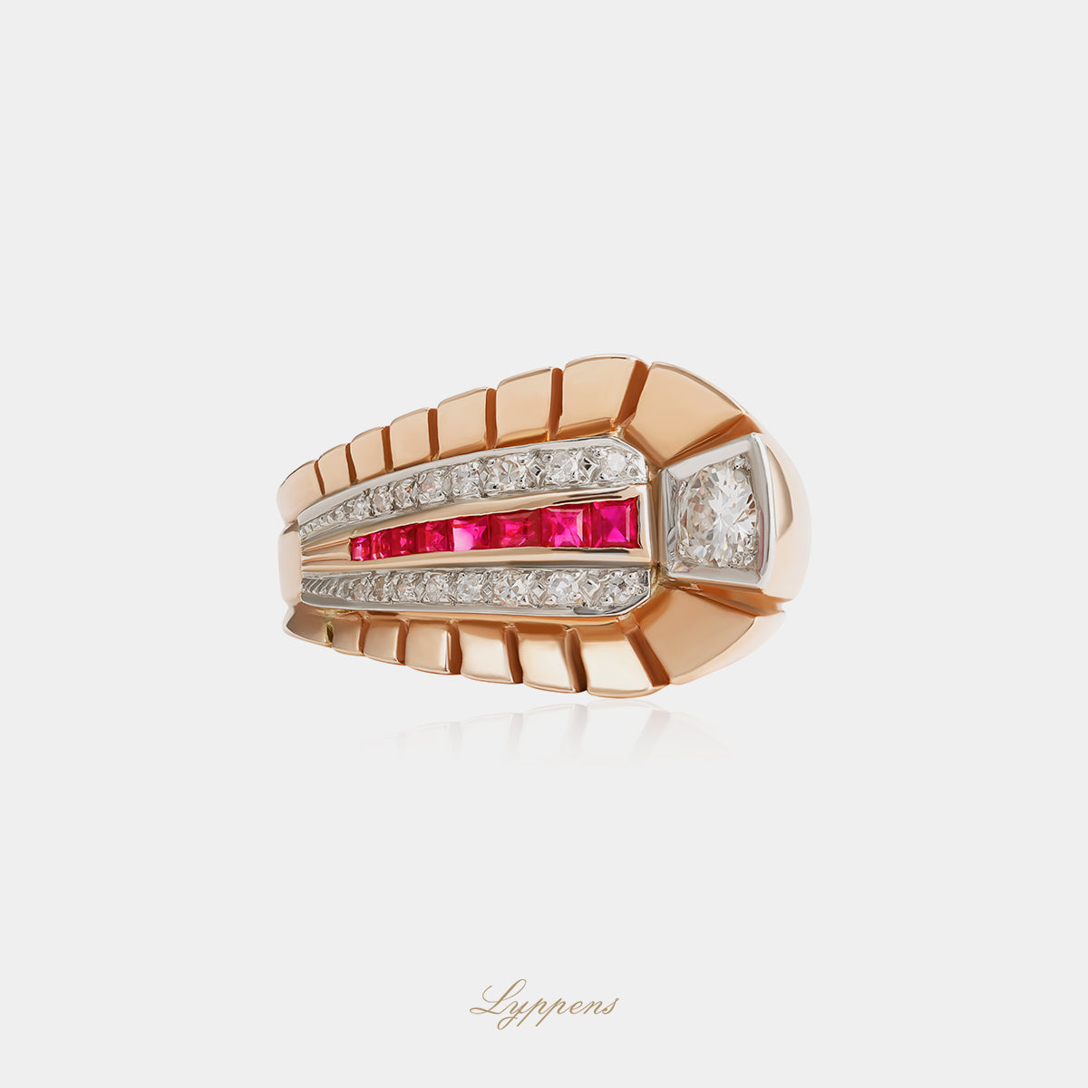 Roségouden vintage jaren ’50 ring met robijn en diamant