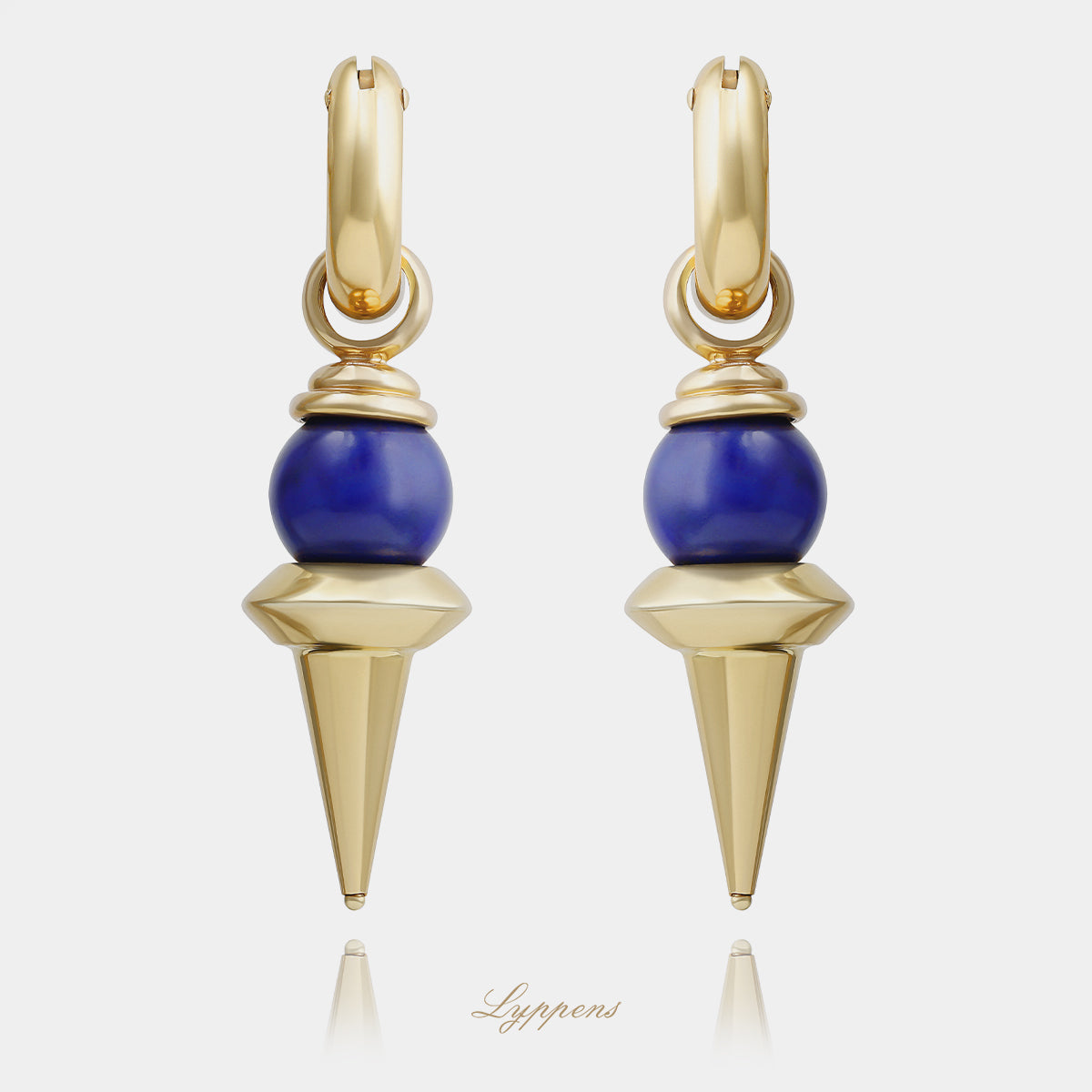 14kt geelgouden vintage jaren 80 oorringen met 18kt hangers en ronde lapis lazuli