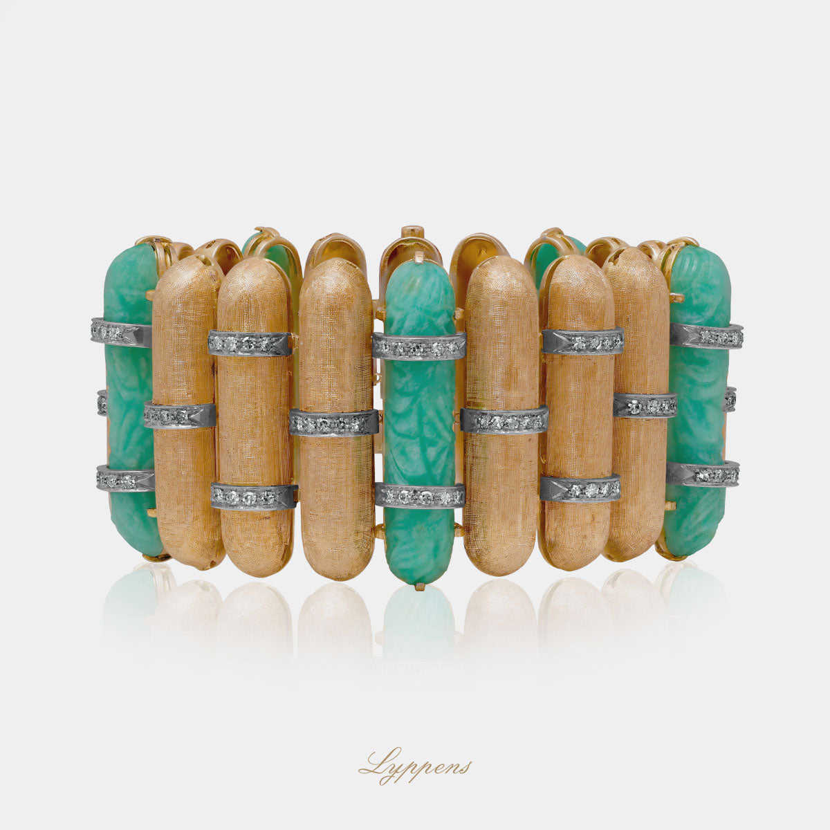 Yellow gold 1950s link bracelet with amazonite and diamond