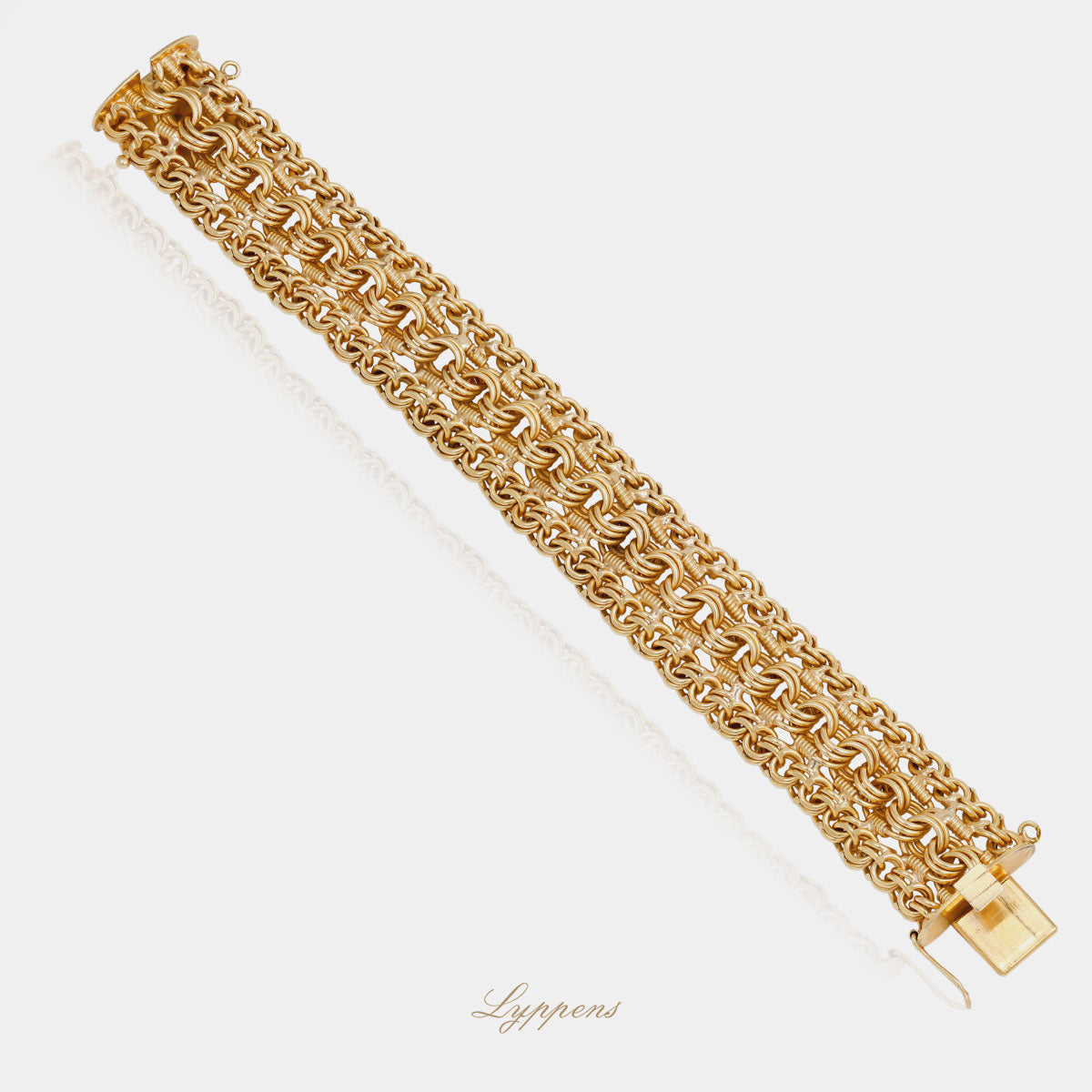 Gevlochten fantasie schakelarmband in 18 karaat geelgoud, vintage design met sierlijke details