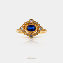 Geelgoud met saffier en diamant