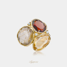 Geelgoud met granaat, citrien, kwarts en diamant